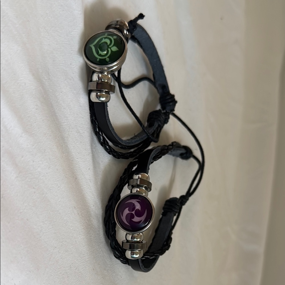LAST CHANCE Genshin Impact Black Leather Bracelets with Green and Purple Accents